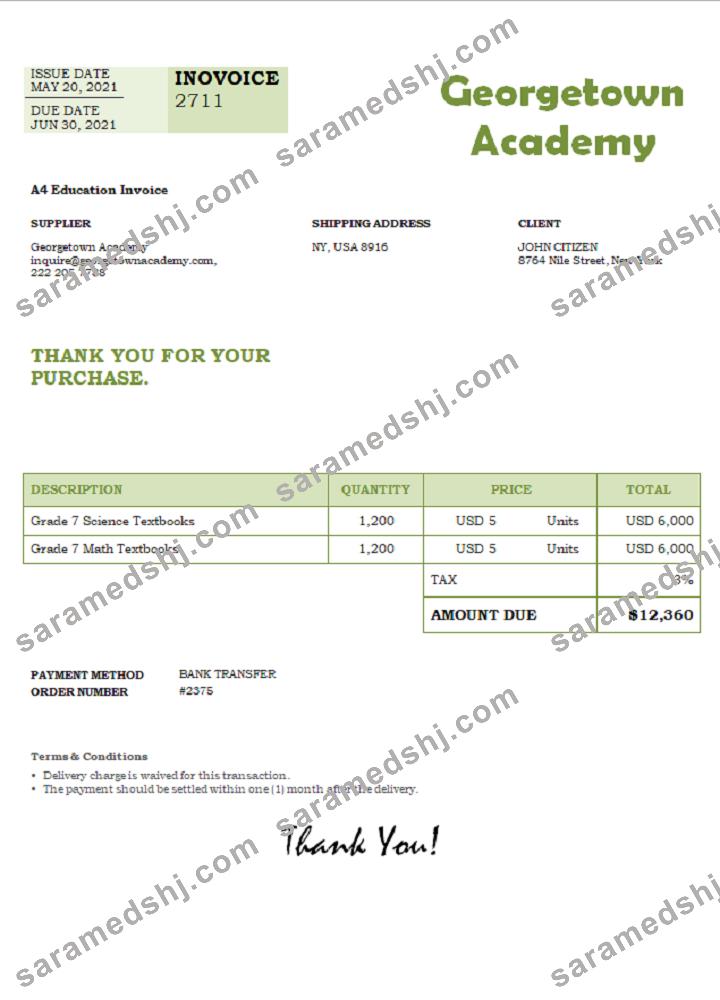 USA Georgetown Academy invoice